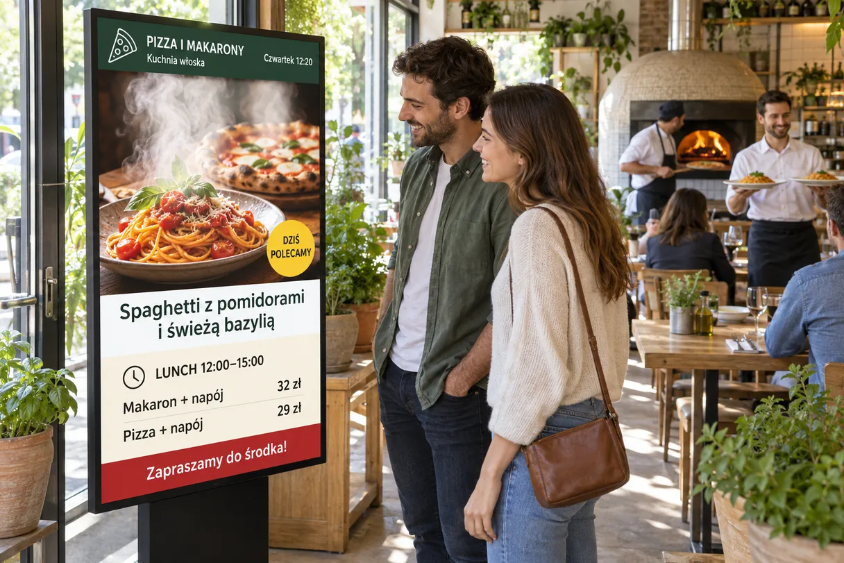 Pionowy monitor informacyjny na stojaku przy wejściu do restauracji włoskiej — parujące danie dnia i oferta lunchowa