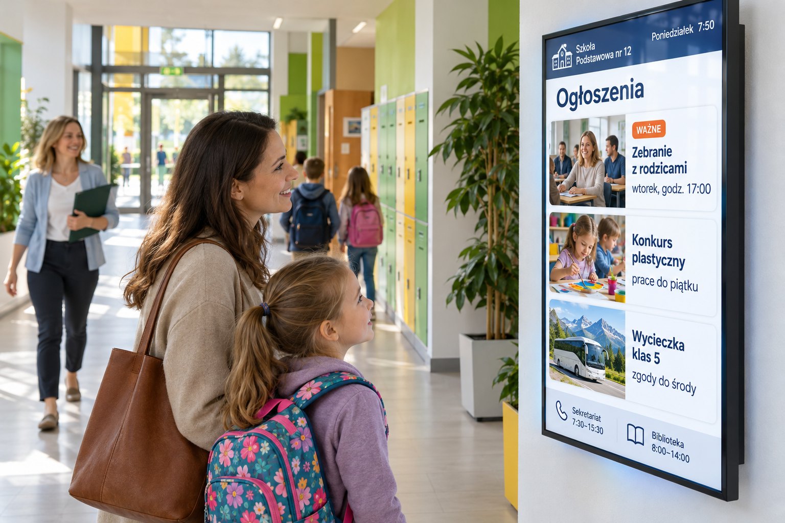 Elektroniczna tablica ogłoszeń w holu szkoły — zebranie z rodzicami, konkurs i wycieczka na ekranie