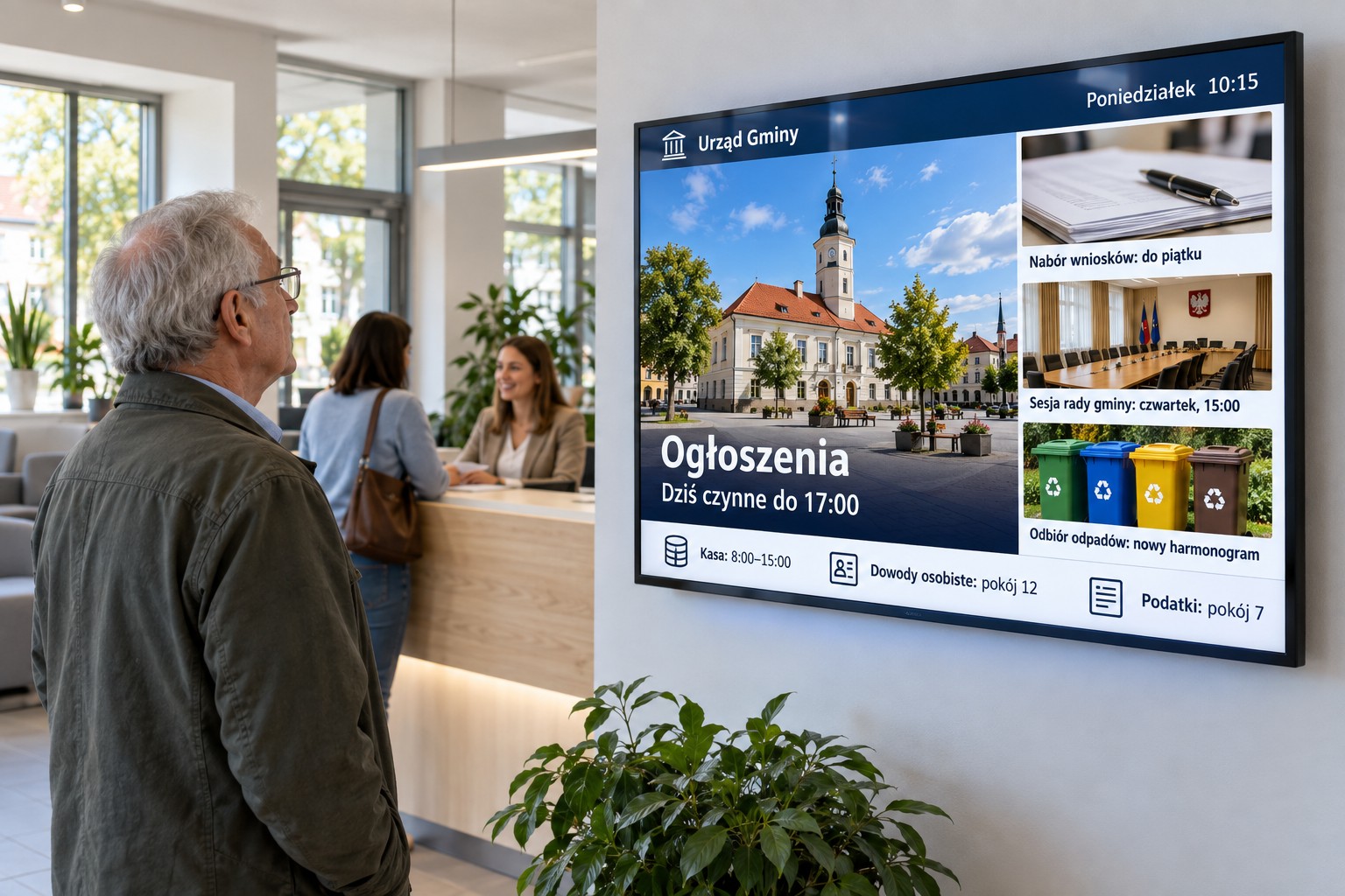 Elektroniczna tablica ogłoszeń w holu urzędu gminy — komunikaty i godziny pracy