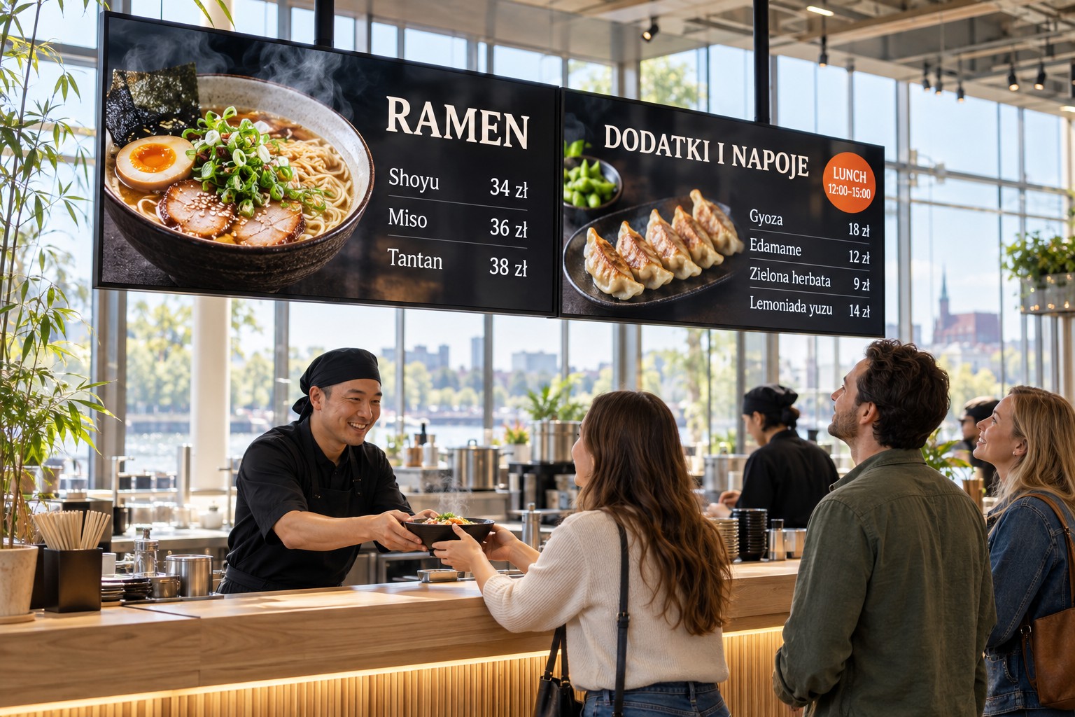 Menu board z dwóch ekranów podwieszony pod sufitem nad ladą baru z ramenem