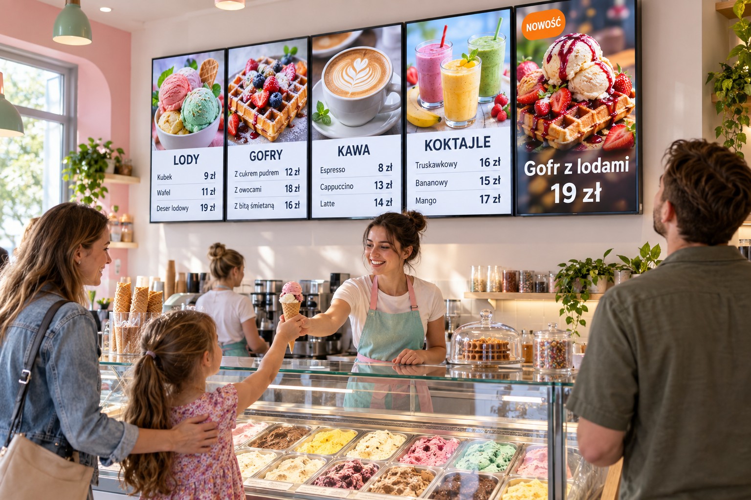 Menu board z pięciu pionowych ekranów nad ladą w lodziarni — lody, gofry, kawa, koktajle
