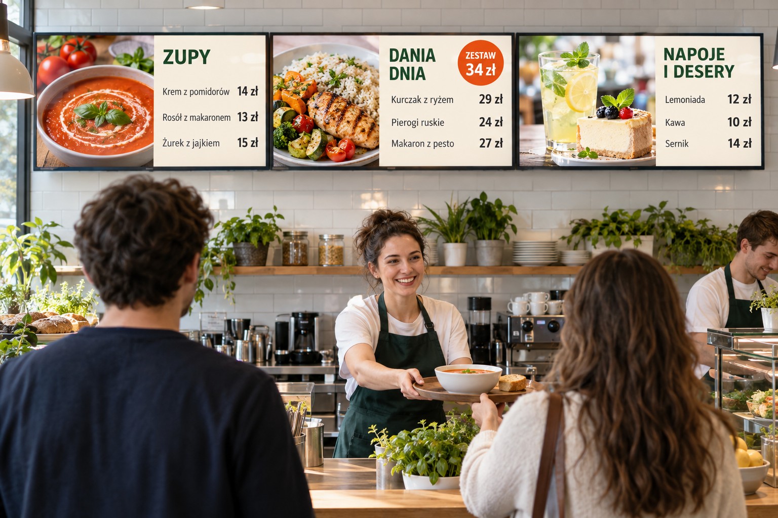Menu board z trzech poziomych ekranów na ścianie za ladą — zupy, dania dnia, napoje i desery