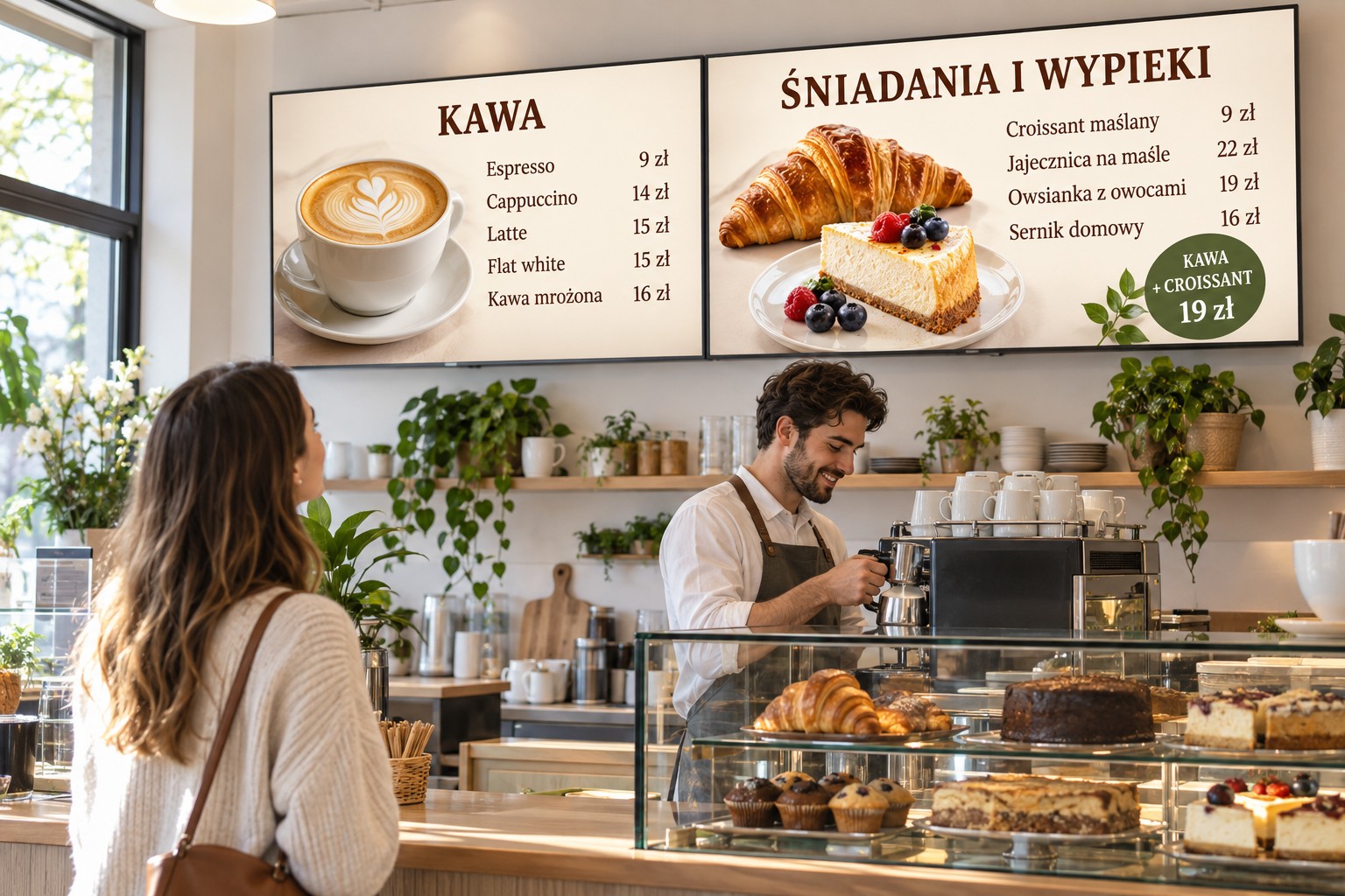 Menu kawiarni na dwóch ekranach na ścianie za ladą — kawa, śniadania i wypieki z cenami