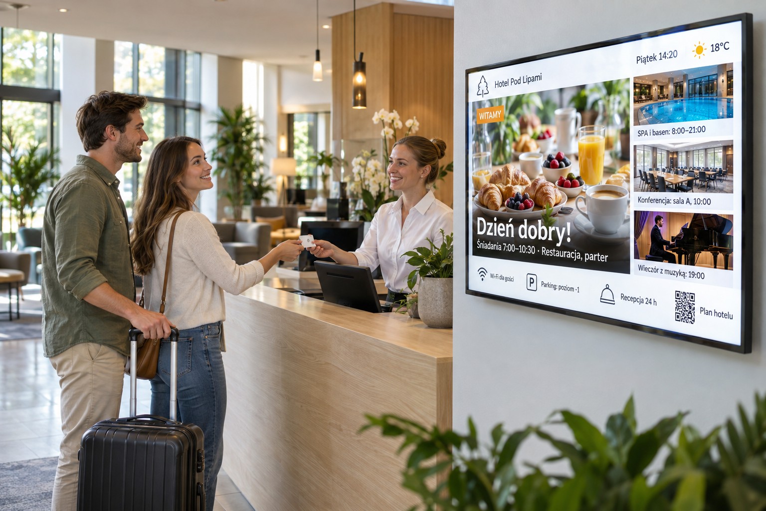 Monitor informacyjny przy recepcji hotelu — powitanie gości, godziny śniadań, SPA i wydarzenia dnia