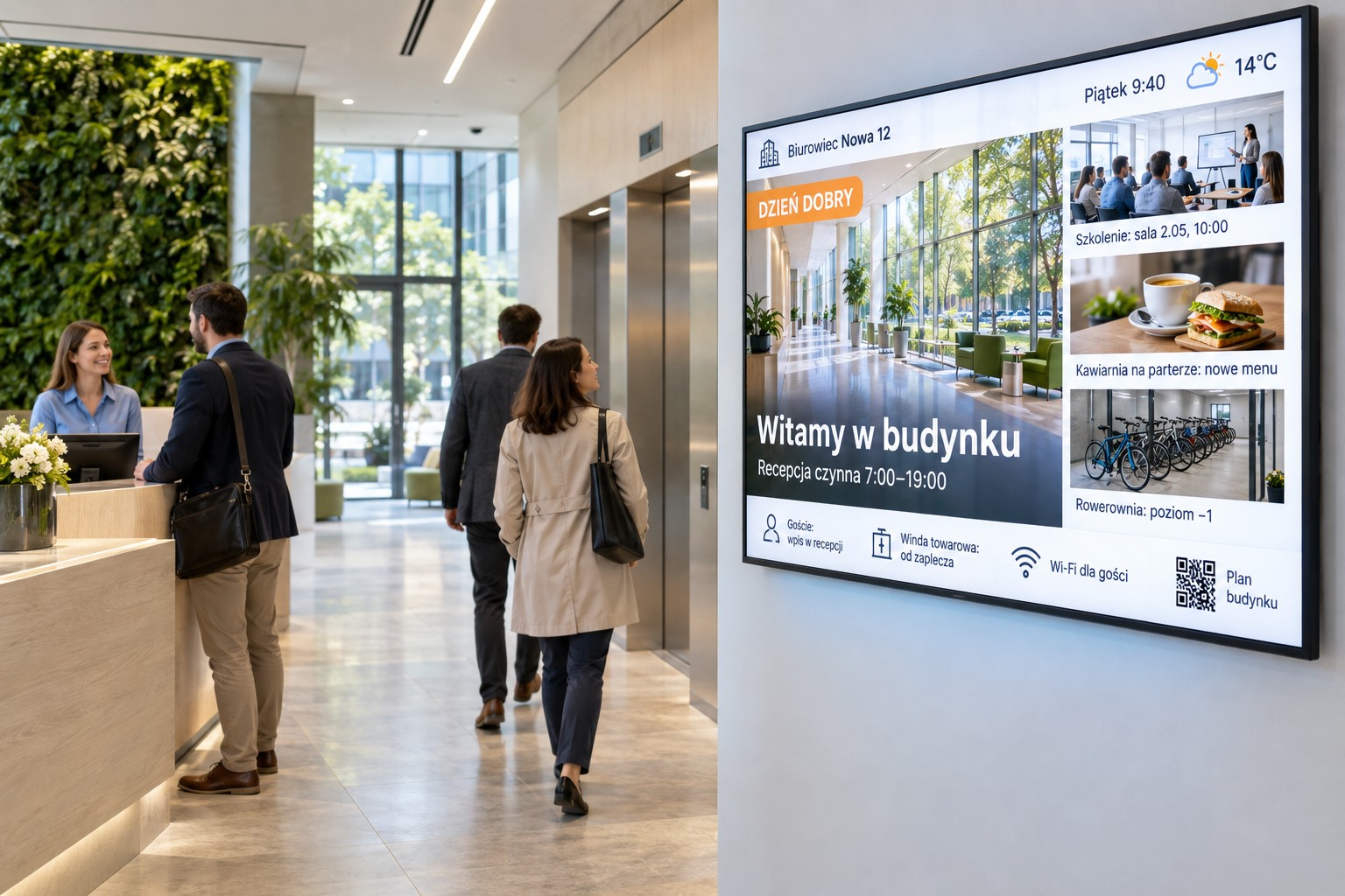 Monitor informacyjny w holu biurowca przy windach — powitanie, szkolenia, kawiarnia i plan budynku
