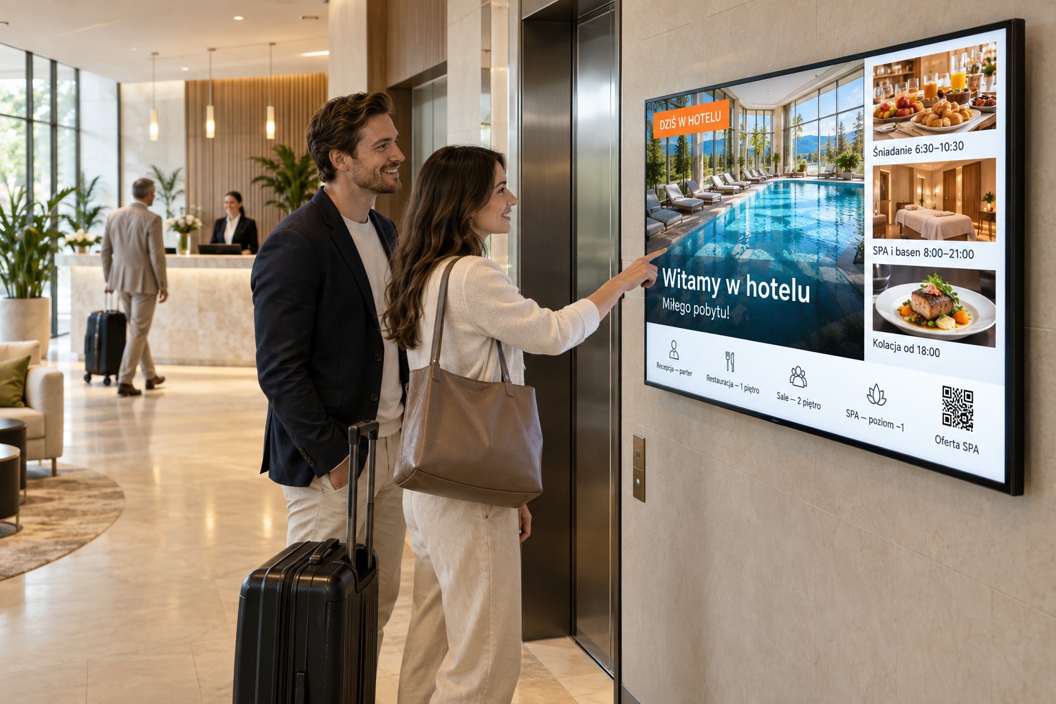 Monitor informacyjny przy windach w hotelu — ekran powitalny ze zdjęciami basenu, śniadania i kolacji oraz drogowskazem