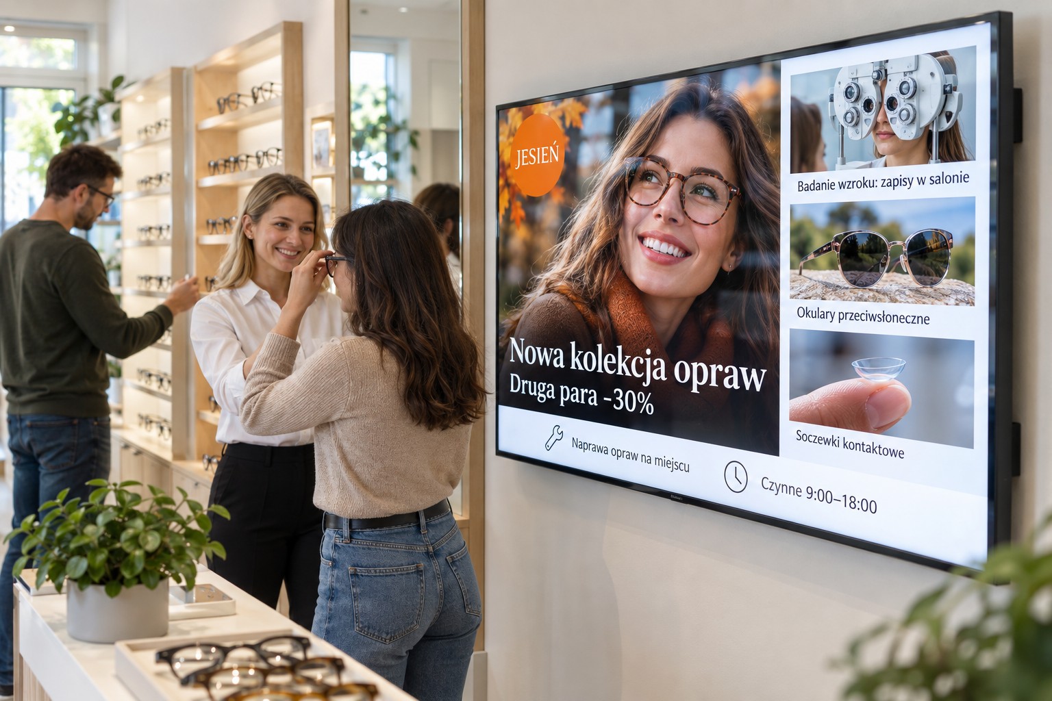 Monitor reklamowy na ścianie salonu optycznego — nowa kolekcja opraw i usługi salonu
