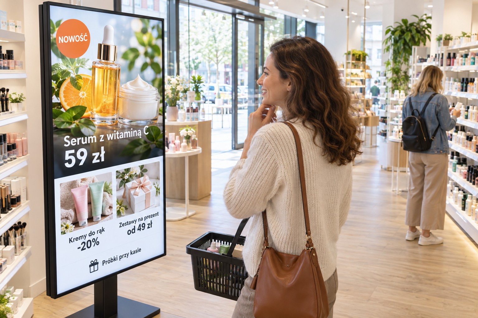 Pionowy monitor reklamowy na stojaku przy wejściu do drogerii — nowość i promocje