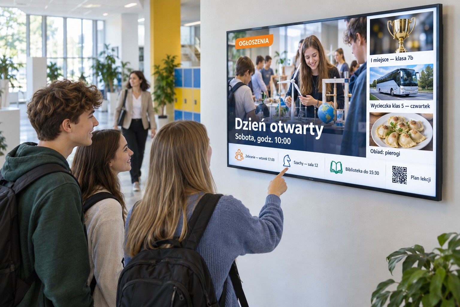 Monitor informacyjny w holu szkoły — ogłoszenia, dzień otwarty, sukcesy uczniów i obiad