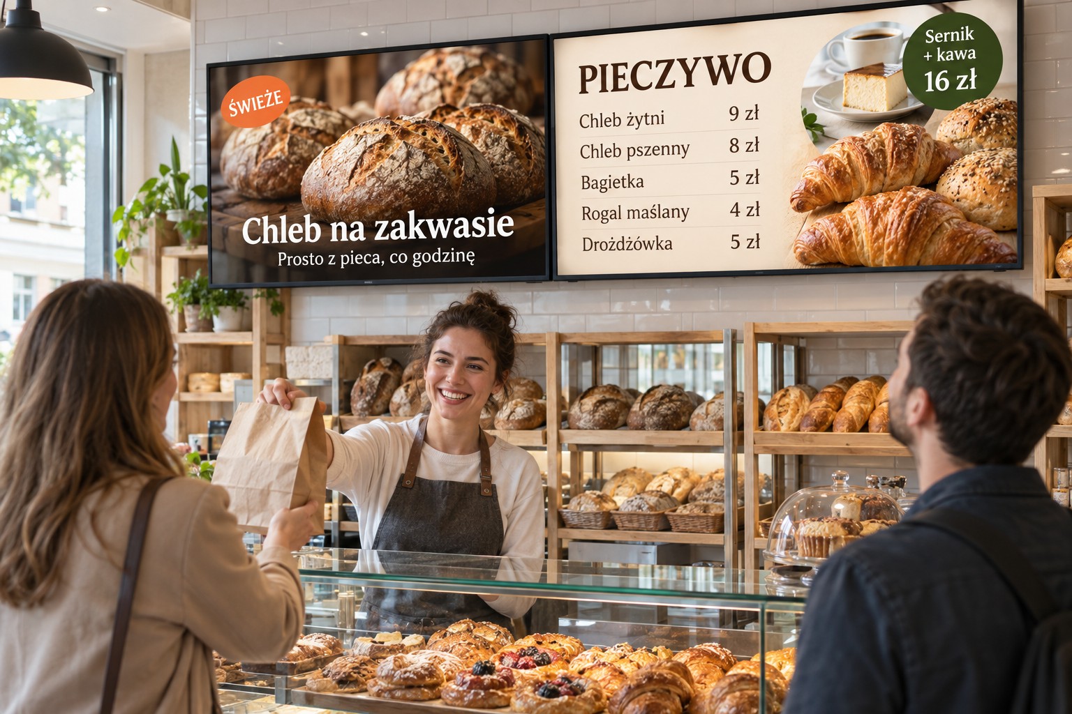 Dwa monitory informacyjne za ladą w piekarni — chleb na zakwasie i cennik pieczywa
