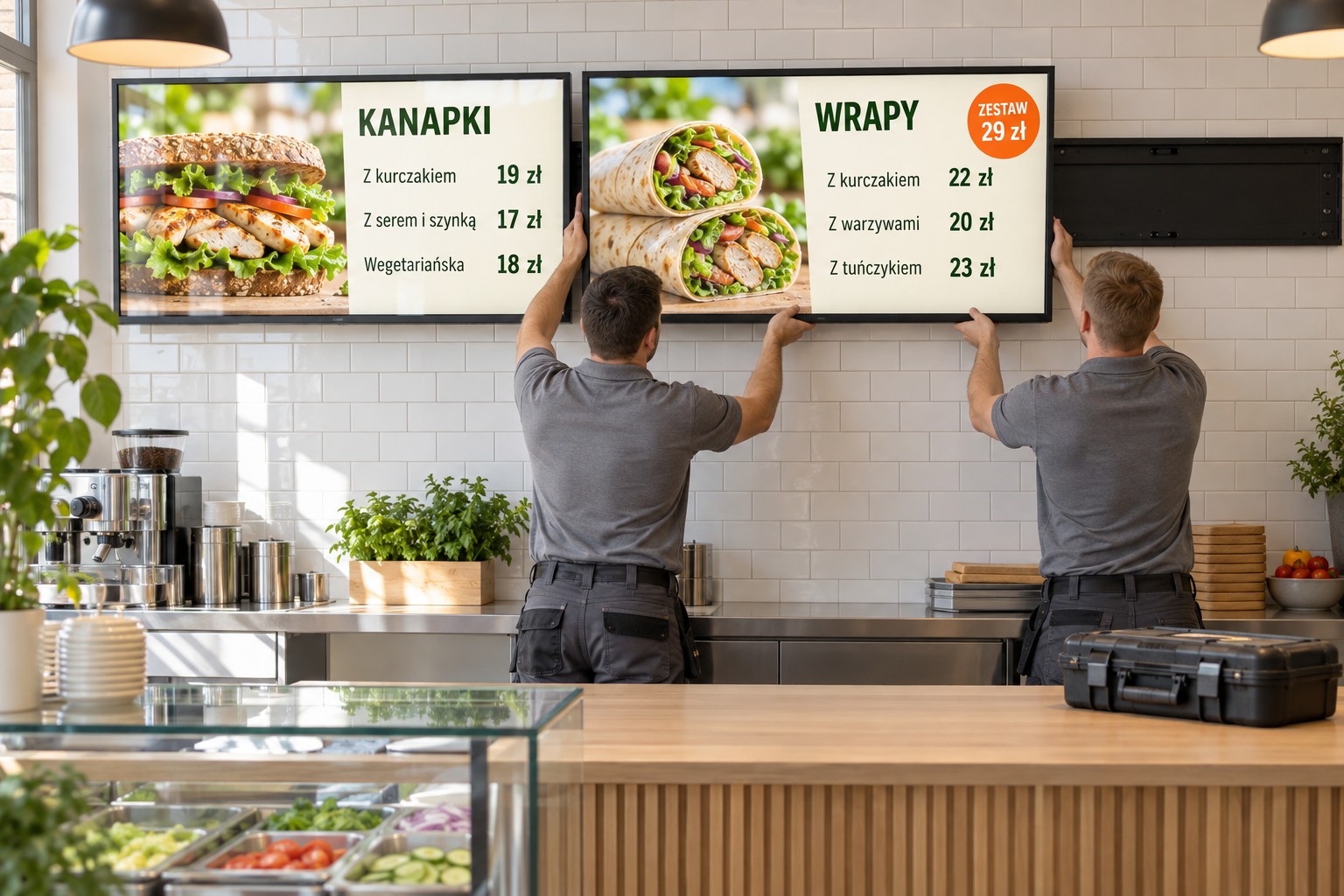 Montaż menu boardu — monterzy zawieszają drugi ekran na belce ściennej za ladą