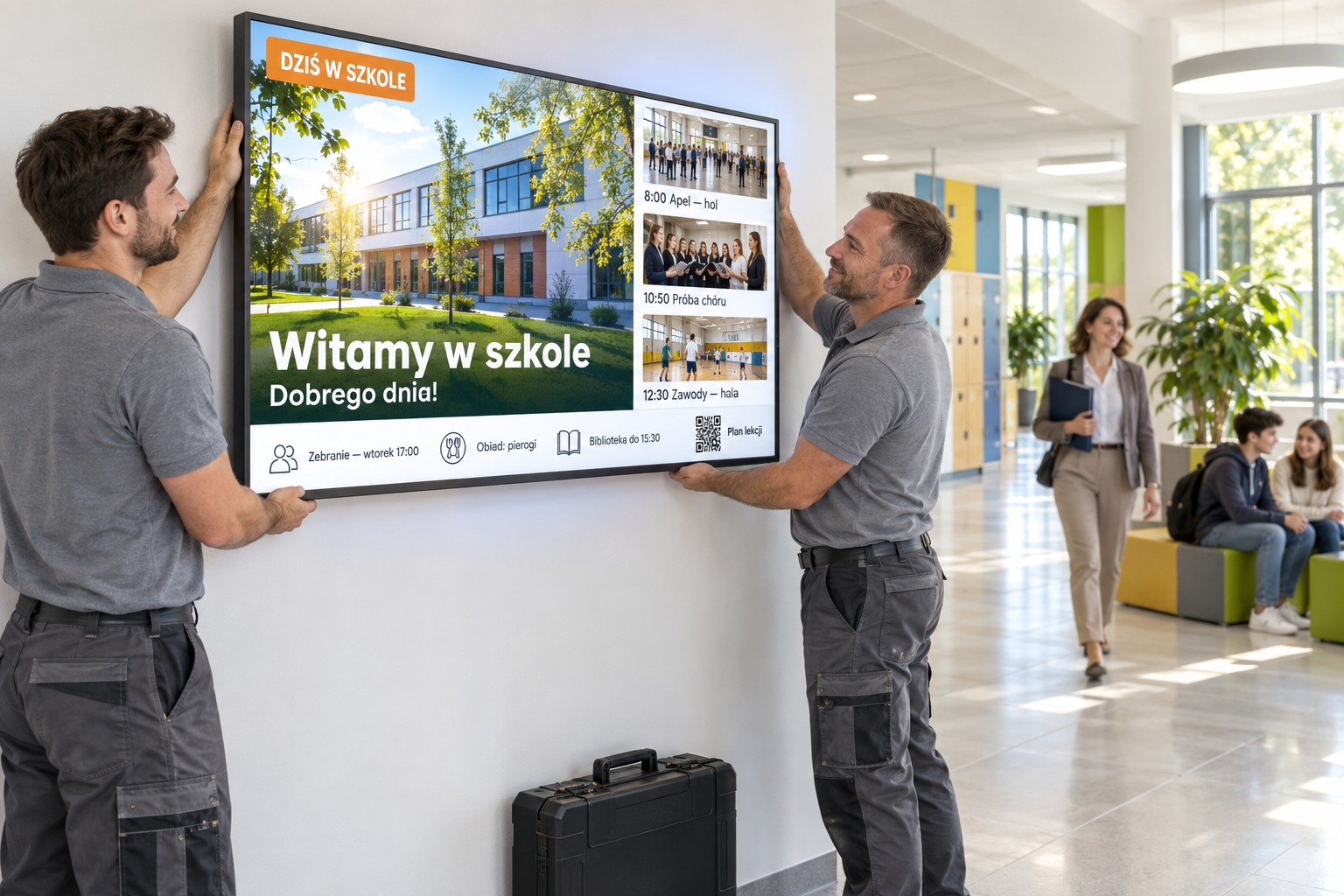 Montaż monitora informacyjnego na ścianie w holu szkoły — na ekranie powitanie i plan dnia