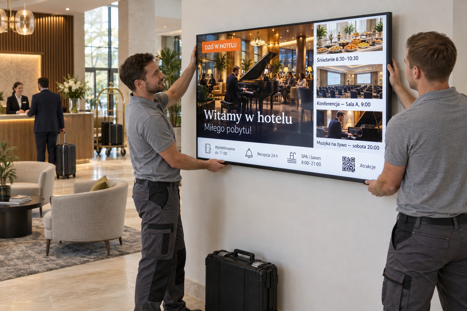 Montaż monitora informacyjnego na ścianie w lobby hotelu — na ekranie powitanie gości i plan dnia