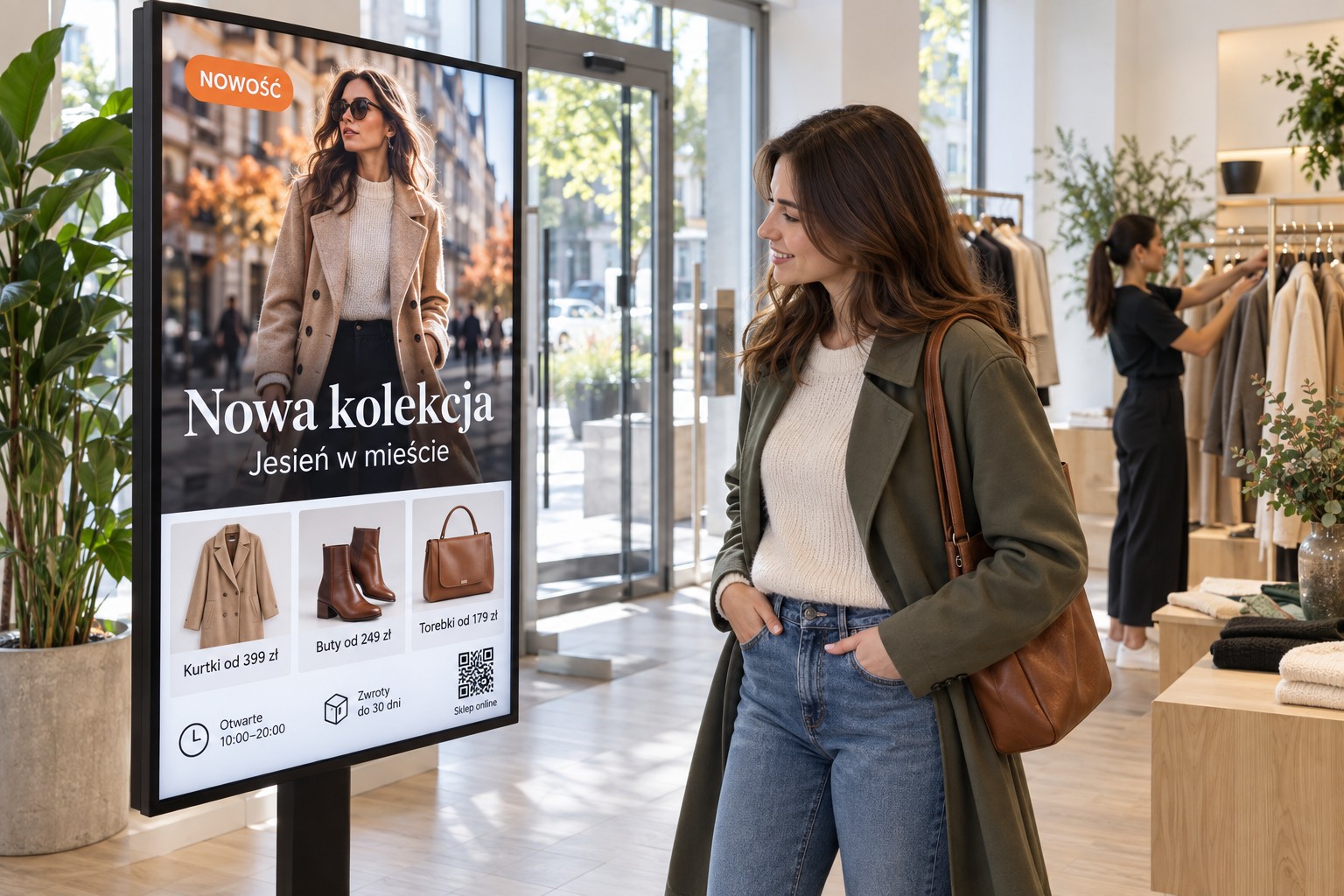 Pionowy monitor informacyjny na stojaku przy wejściu do butiku — nowa kolekcja ze zdjęciami i cenami