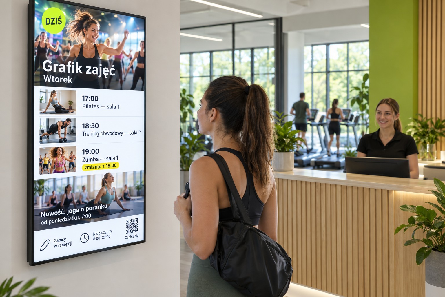 Pionowy monitor informacyjny przy recepcji klubu fitness — grafik zajęć ze zdjęciami i zmianą godziny