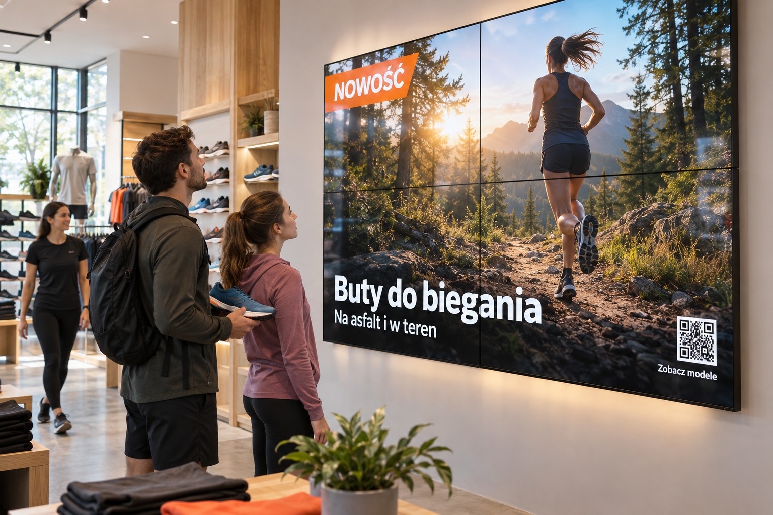 Ściana wideo z czterech monitorów w sklepie sportowym — reklama butów do biegania