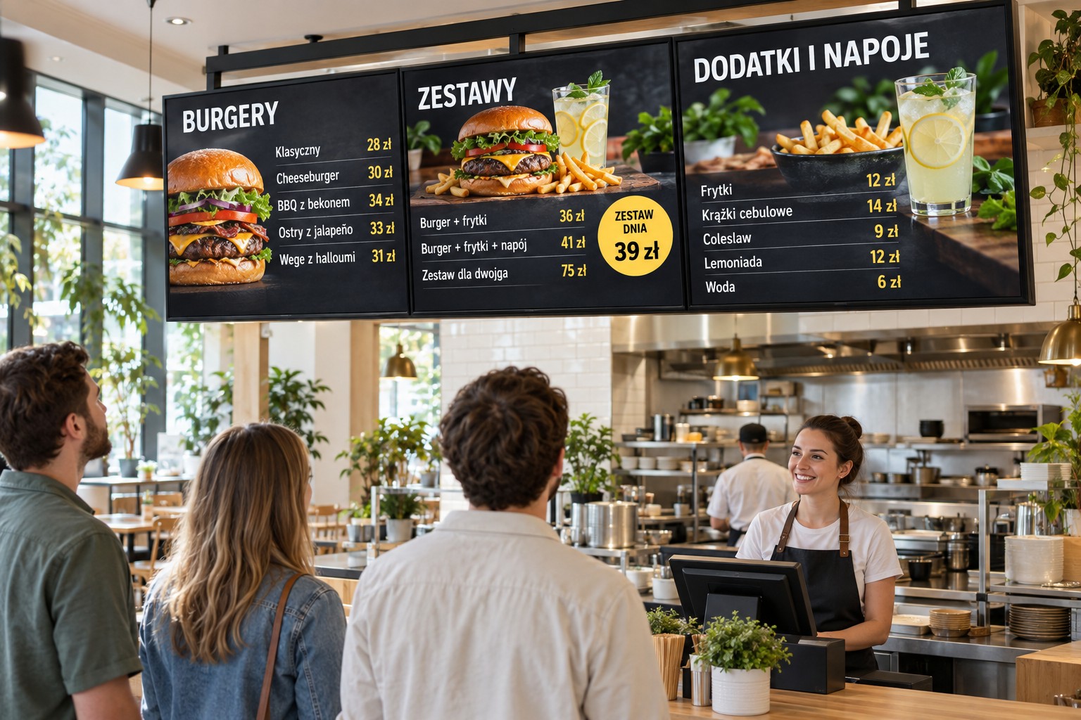 Tablica menu z trzech ekranów nad ladą w restauracji — burgery, zestawy, dodatki i napoje z cenami