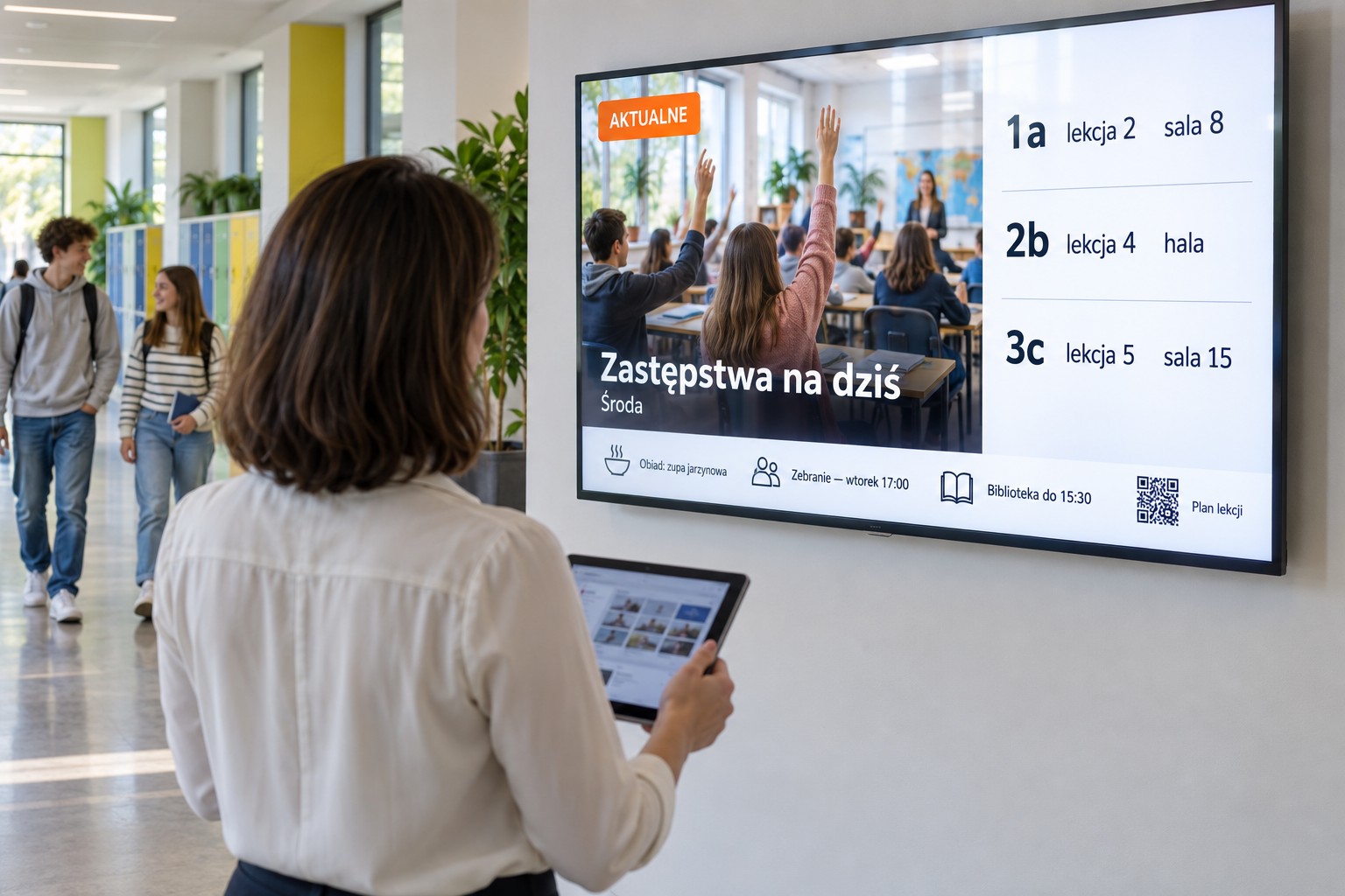 Sekretarka zmienia z tabletu treść na szkolnym monitorze informacyjnym — zastępstwa na dziś
